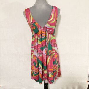 Boho Psychedelic Floral Mini Dress Pink Crochet Back V-Neck Sleeveless Y2K Sz S